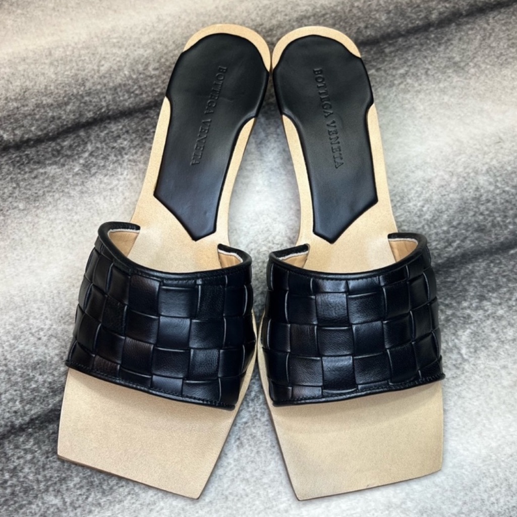 Bottega Veneta Intrecciato Square Toe Heeled Sandals Black Leather
